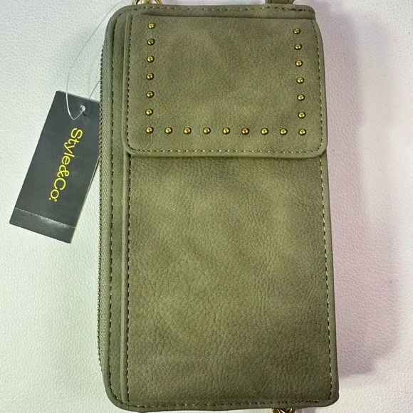 Macy’s Style & Co Mini Studded Sage Green Crossbody/Phone Holder - Picture 1 of 4